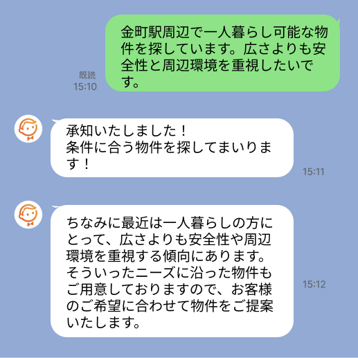 株式会社スミカのサービスを使って、金町駅で不動産賃貸物件を探している方のLINE画像